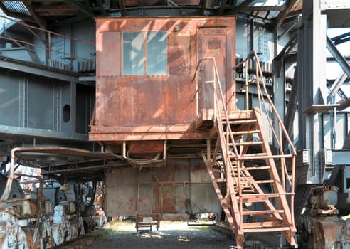 Driver's cab of an excavator in the disused Ferropolis opencast mine