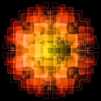 Abstract background with digital screens overlapping. Illustration in red, orange and yellow shades on black background