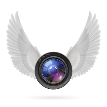 Photo camera lens with white wings emblem