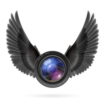 Photo camera lens with black wings emblem