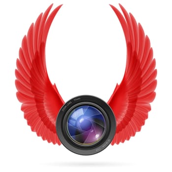 Photo camera lens with raised up red wings