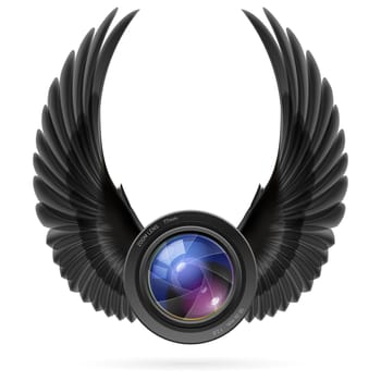 Photo camera lens with raised up black wings