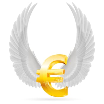Golden euro symbol with raised up white wings