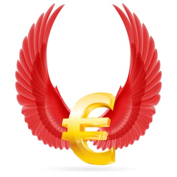 Golden euro symbol with red raised up wings