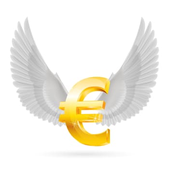 Shiny golden euro symbol with white wings