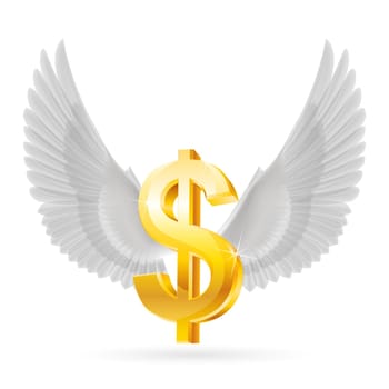 Golden United States dollar symbol with white wings