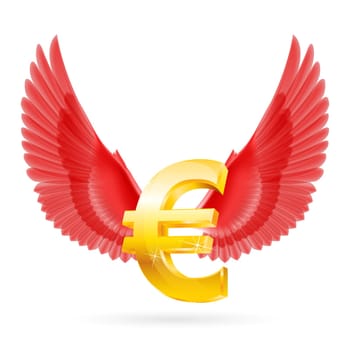 Shiny golden euro symbol with red wings