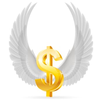 Golden United States dollar symbol with raised up white wings