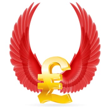 Golden Great Britain pound symbol with red raised up wings