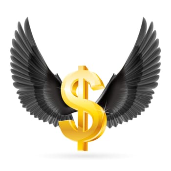 Golden United States dollar symbol with black wings