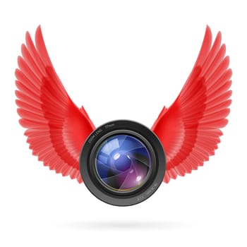 Photo camera lens with red wings emblem