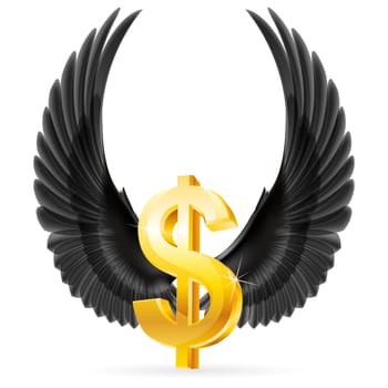 Golden United States dollar symbol with raised up black wings