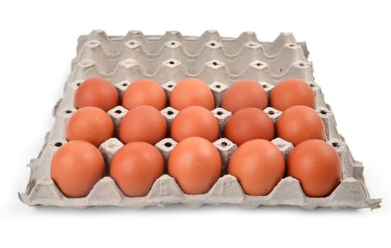 eggs in paper tray on white background
