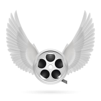 Realistic film reel with white wings emblem