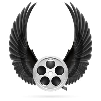 Realistic film reel with raised up black wings