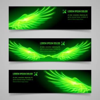 Set of mystic banners with green flaming wings