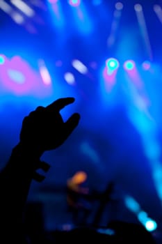 Cheering crowd in front of bright colorful stage lights