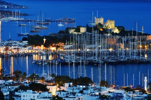 View of Bodrum harbor by night. Turkish Riviera.