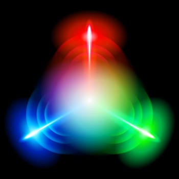Blue,red, green  digital star with   three  tips on the black background