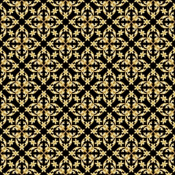 Seamless saturated gold floral pattern on black background