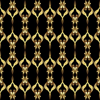 Vertical seamless golden floral pattern on black background