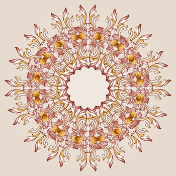 Round flower pattern  of brown henna on beige background