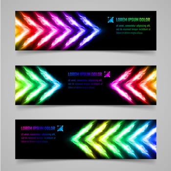 Set of banners with multicolored flaming arrows