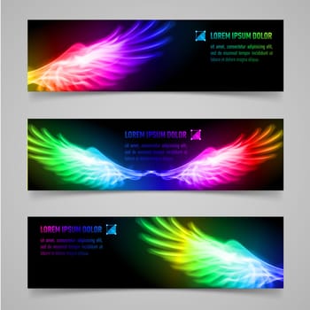 Set of banners with multicolored flaming wings