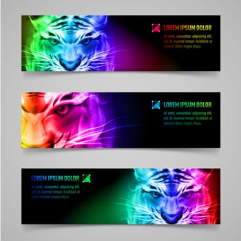 Set of banners with mystic tiger in multicolored flame