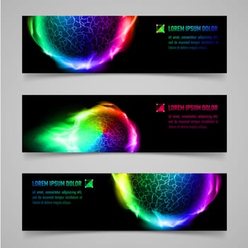 Set of multicolored banners with flaming spheres
