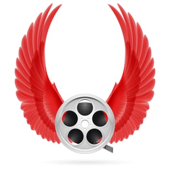 Realistic film reel with raised up red wings
