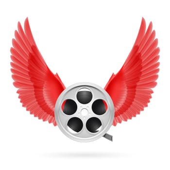 Realistic film reel with red wings emblem