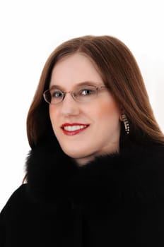 A closeup picture of a very pretty young woman in a black coat and.glasses, isolated for white background..
