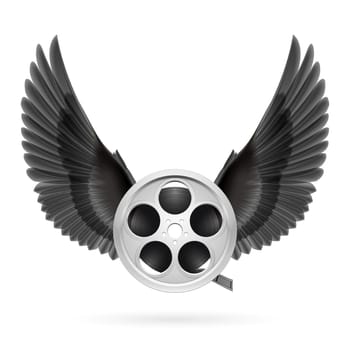 Realistic film reel with black wings emblem