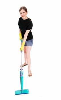A young woman in shorts and yellow rubber cloves cleaning.the floor, smiling, isolated for white background..