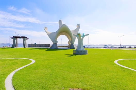 The Pacific Portal, aka Shelter Island Gazebo, at Point Loma, in San Diego, Southern California, United States of America. An Architectural arched art structure with mosaic tile ceiling and pathways.