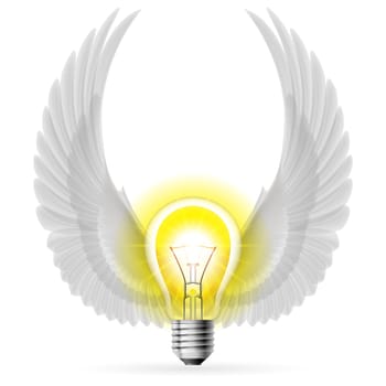 Light bulb with raised white wings. Idea and inspiration concept