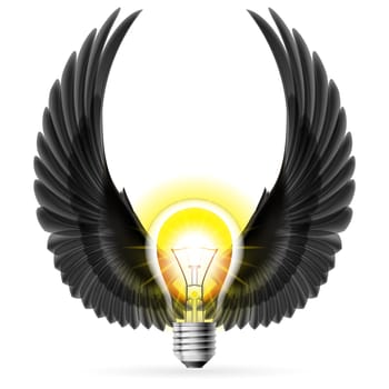 Light bulb with raised up black wings. Idea and inspiration concept