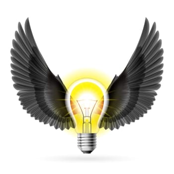 Light bulb with black wings. Idea and inspiration concept