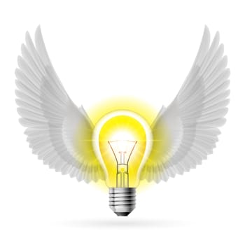 Light bulb with white wings. Idea and inspiration concept