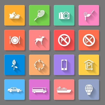 Set of flat icons for travelling, transportation and leisure