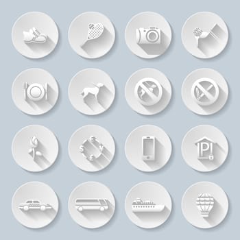 Set of flat paper icons for travelling, transportation and leisure