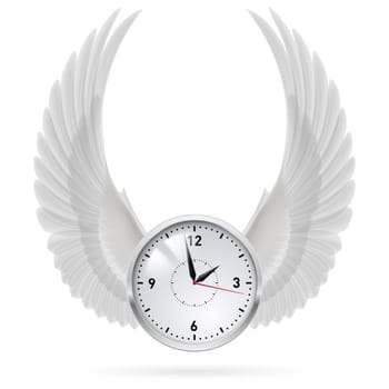 White clock with vertical white wings. Swing.