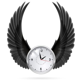 White clock with black wings. Swing. Fly.