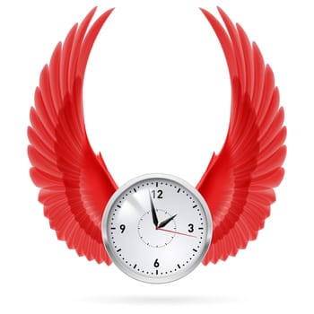 White clock and red vertical wings. Time.