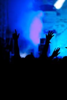 Cheering crowd in front of bright colorful stage lights