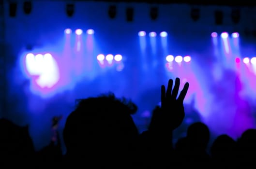 Cheering crowd in front of bright colorful stage lights