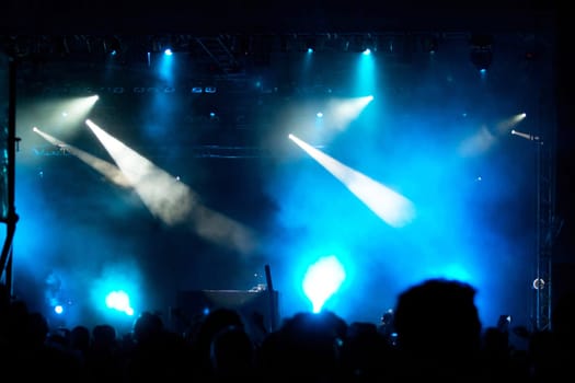 Cheering crowd in front of bright colorful stage lights