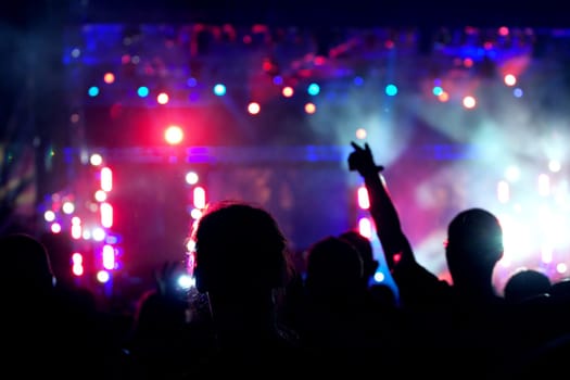 Cheering crowd in front of bright colorful stage lights