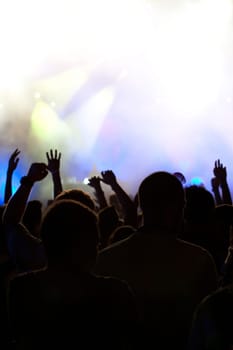 Cheering crowd in front of bright colorful stage lights
